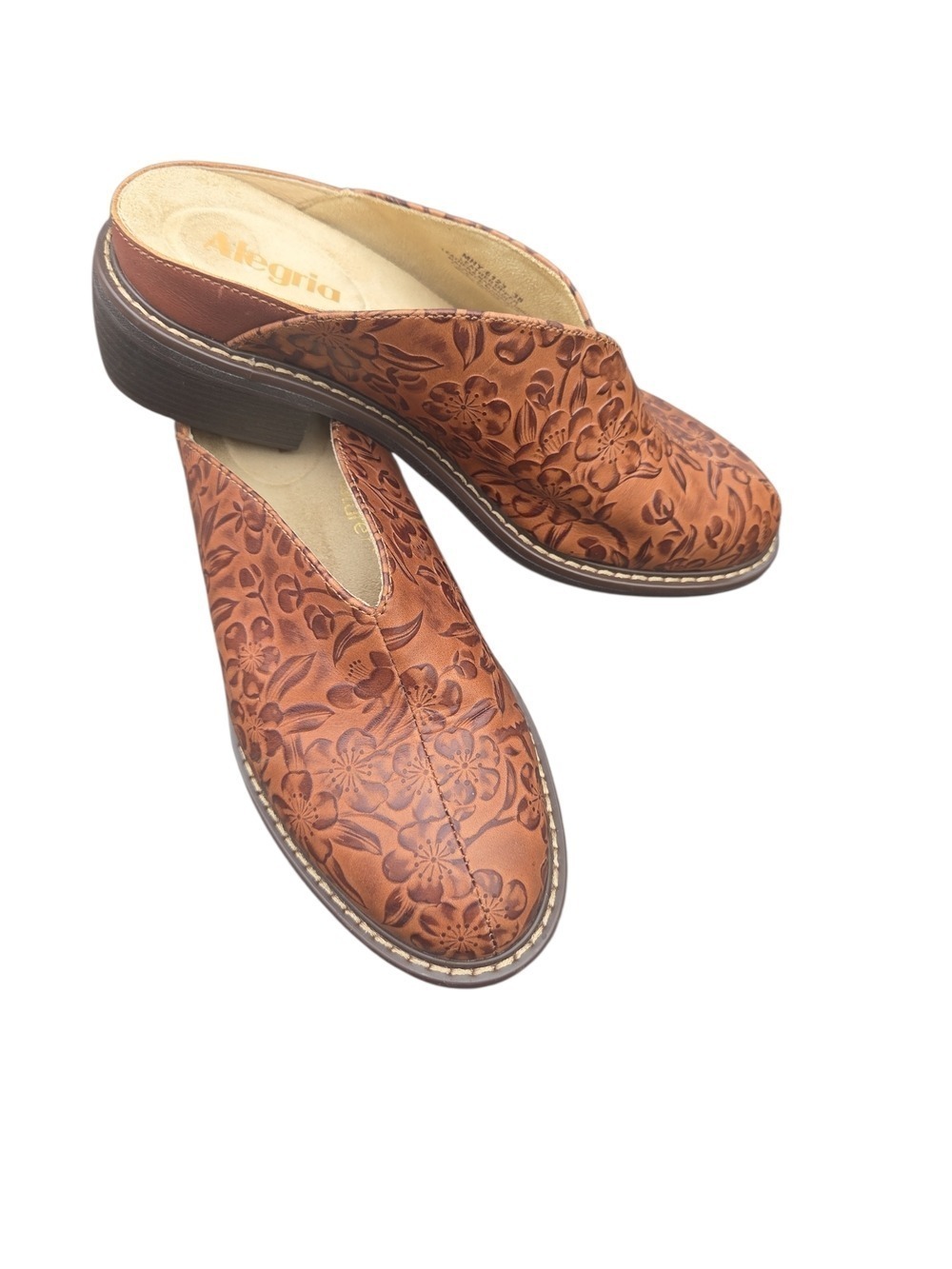 Alegria Women's Brown Leather Floral Embossed Clog Size 38